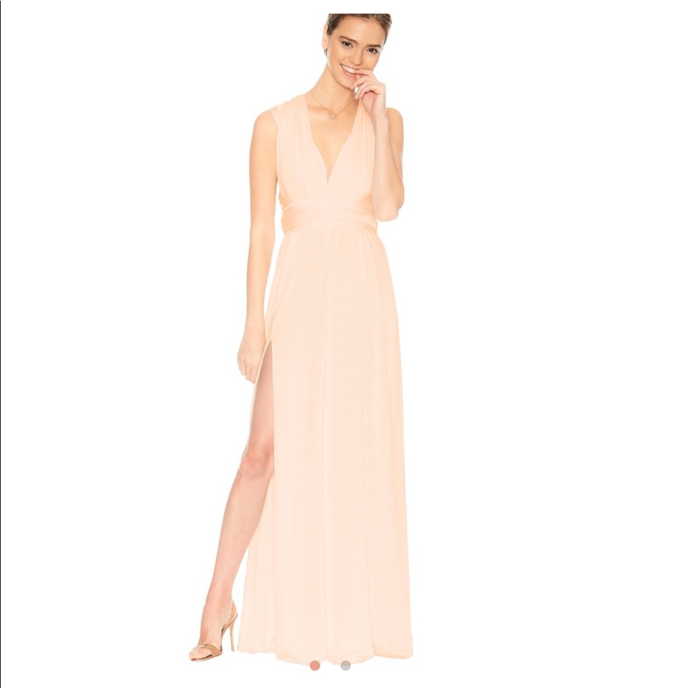 Two birds peach split dress bridesmaid